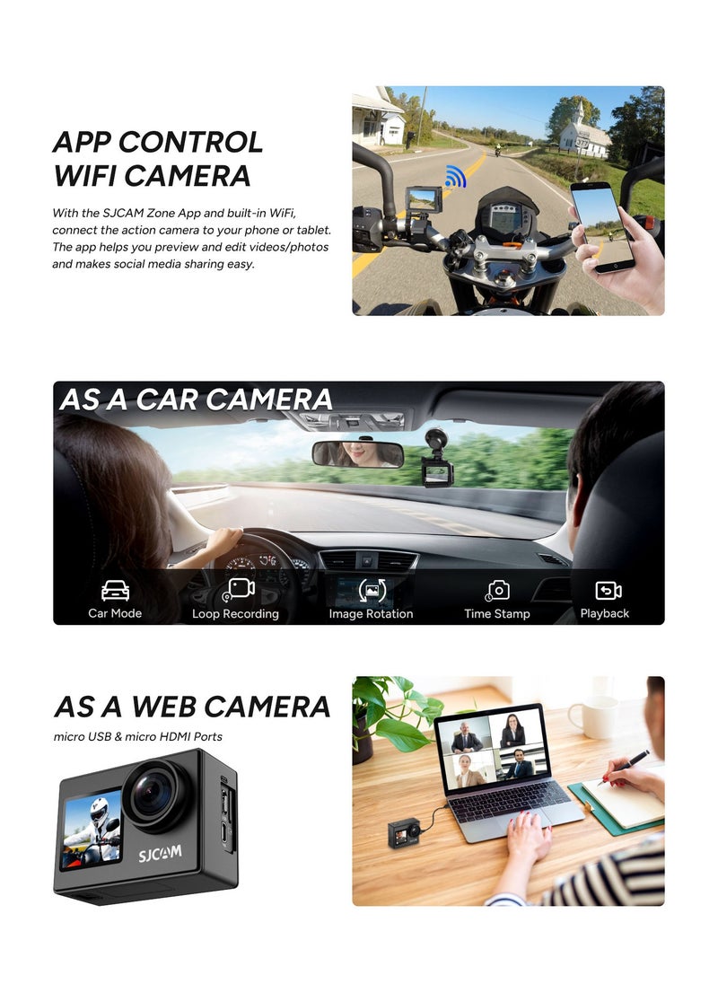 Upgraded SJ4000 Action Camera Dual Screen 4K30FPS Ultra HD Underwater Camera Waterproof 170° Wide-Angle Motorcycle Helmet Camera with Stabilization, 2 Batteries and Accessories, 64G Card