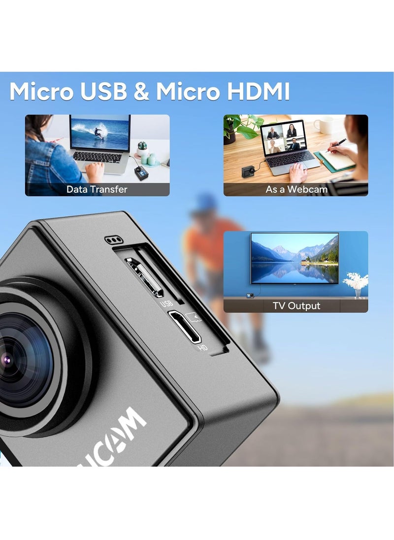 Upgraded SJ4000 Action Camera Dual Screen 4K30FPS Ultra HD Underwater Camera Waterproof 170° Wide-Angle Motorcycle Helmet Camera with Stabilization, 2 Batteries and Accessories, 64G Card