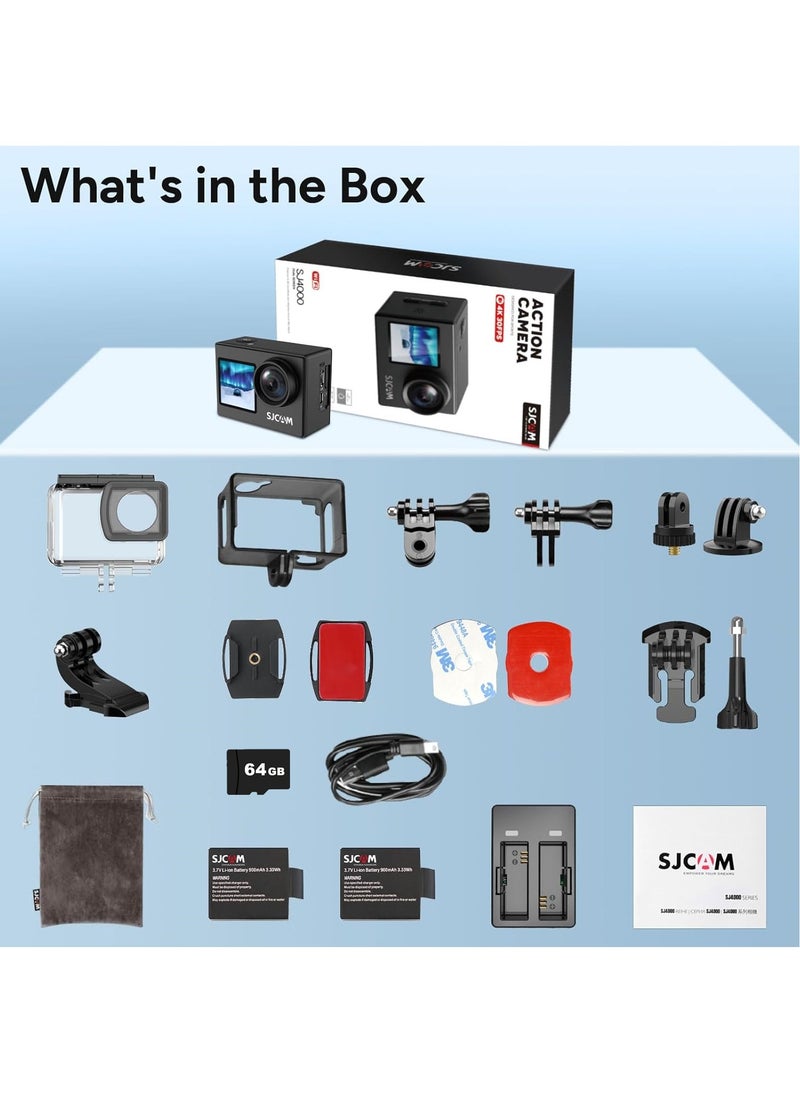Upgraded SJ4000 Action Camera Dual Screen 4K30FPS Ultra HD Underwater Camera Waterproof 170° Wide-Angle Motorcycle Helmet Camera with Stabilization, 2 Batteries and Accessories, 64G Card