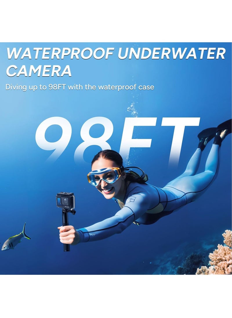 Upgraded SJ4000 Action Camera Dual Screen 4K30FPS Ultra HD Underwater Camera Waterproof 170° Wide-Angle Motorcycle Helmet Camera with Stabilization, 2 Batteries and Accessories, 64G Card