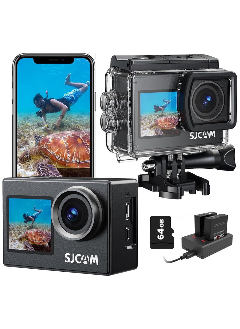 Upgraded SJ4000 Action Camera Dual Screen 4K30FPS Ultra HD Underwater Camera Waterproof 170° Wide-Angle Motorcycle Helmet Camera with Stabilization, 2 Batteries and Accessories, 64G Card