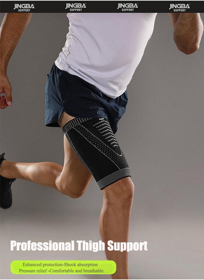JINGBA Compression Thigh Sleeve - Non-Slip Thigh Sleeve - Hamstring, Quadriceps, Groin Pulls And Strains - Running, Basketball, Tennis, Football, Sports - Thigh Sports Support (Single Set - Black, Size L)