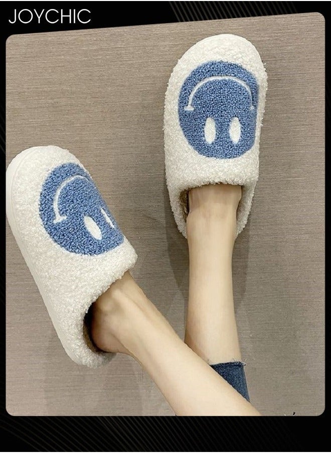 Autumn Winter Warm Smiley Face Designed Bedroom Slippers White/Blue for Women/Men