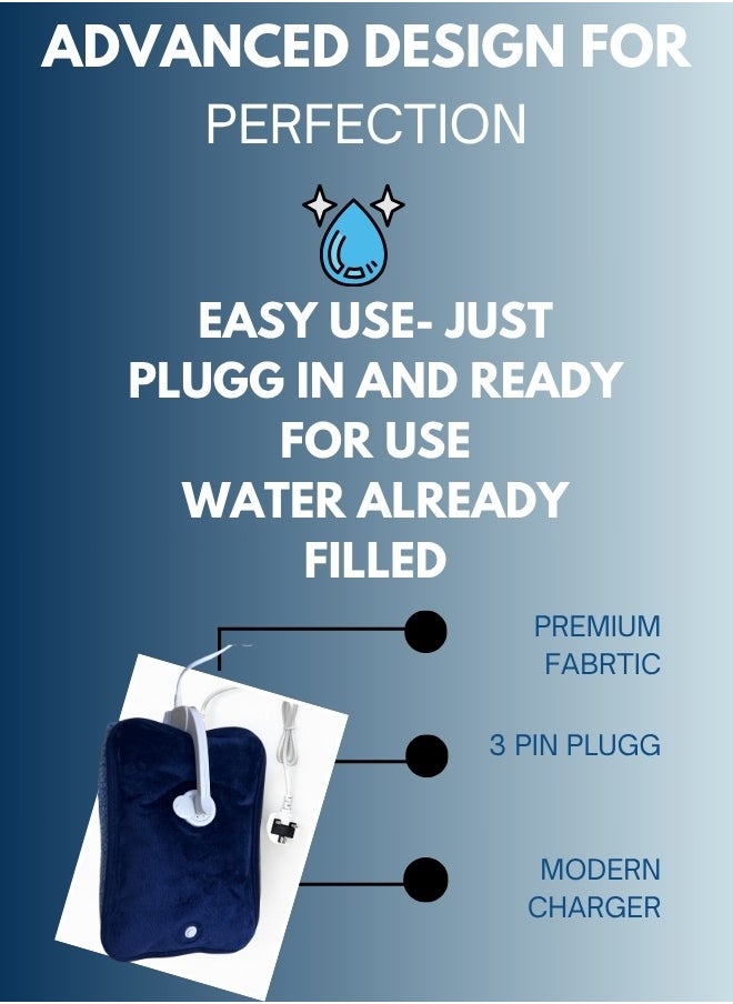 Breeze & Ripplez™ Dual comfort electric rechargeable heating water bag soft fleece cover for pain relief advanced leak proof technology fast heating large size blue