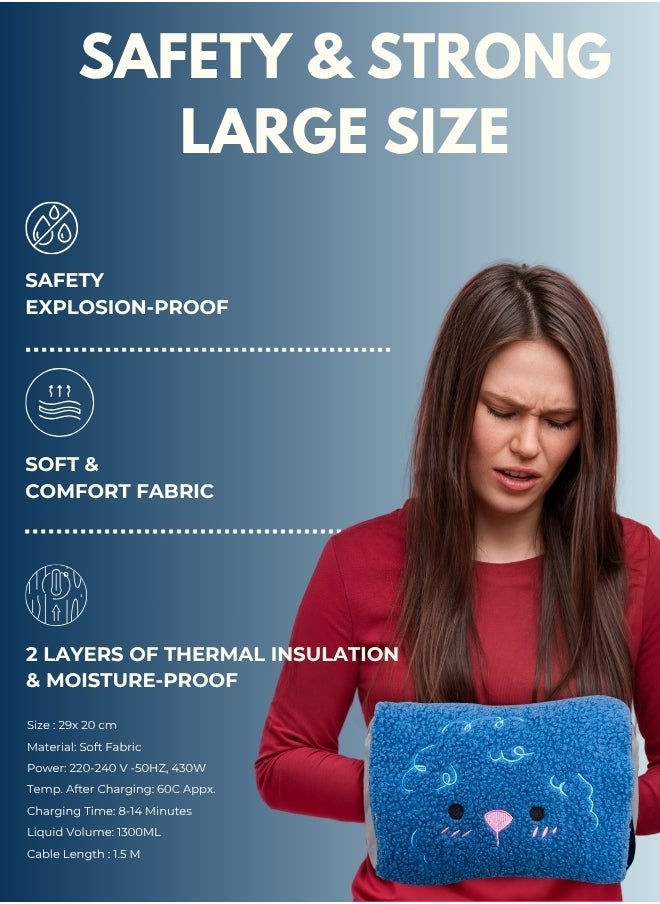 Breeze & Ripplez™ Dual comfort electric rechargeable heating water bag soft fleece cover for pain relief advanced leak proof technology fast heating large size blue