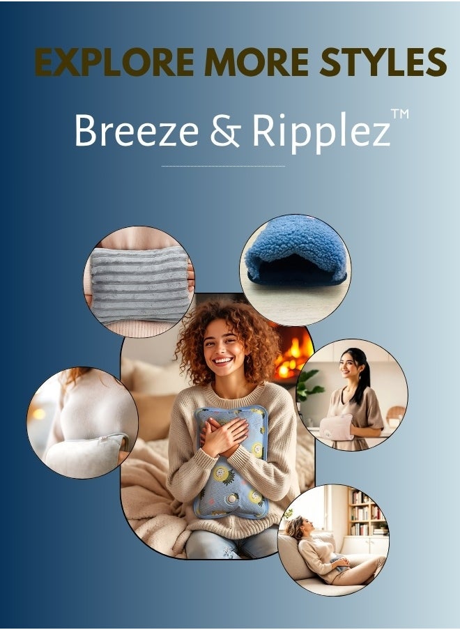 Breeze & Ripplez™ Dual comfort electric rechargeable heating water bag soft fleece cover for pain relief advanced leak proof technology fast heating large size blue