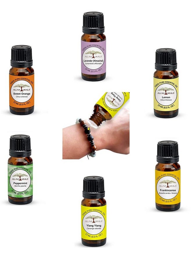 Aromatherapy Bracelet Combo Unique Diwali Gift Set Of 6 Essential Oils (Sweet Orange, Lavender Himachal, Lemon, Peppermint, Ylang Ylang & Frankincense) 100% Pure & Undiluted - 15 Ml Each (Combo 3)