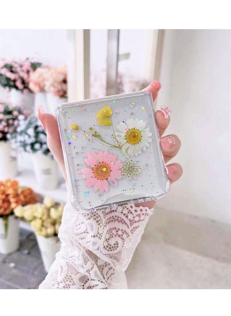 EXCEFORE Compatible with Samsung Galaxy Z Flip 5 5G Case, Daisy Flower Clear with Design, ransparent Dried Real Pressed Flower Aesthetic Case, Cute Case for Galaxy Z Flip 5 Soft Silicone