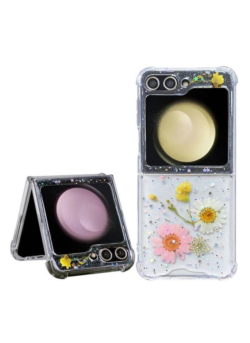 KASTWAVE Compatible with Samsung Galaxy Z Flip 5 5G Case, Daisy Flower Clear with Design, ransparent Dried Real Pressed Flower Aesthetic Case, Cute Case for Galaxy Z Flip 5 Soft Silicone