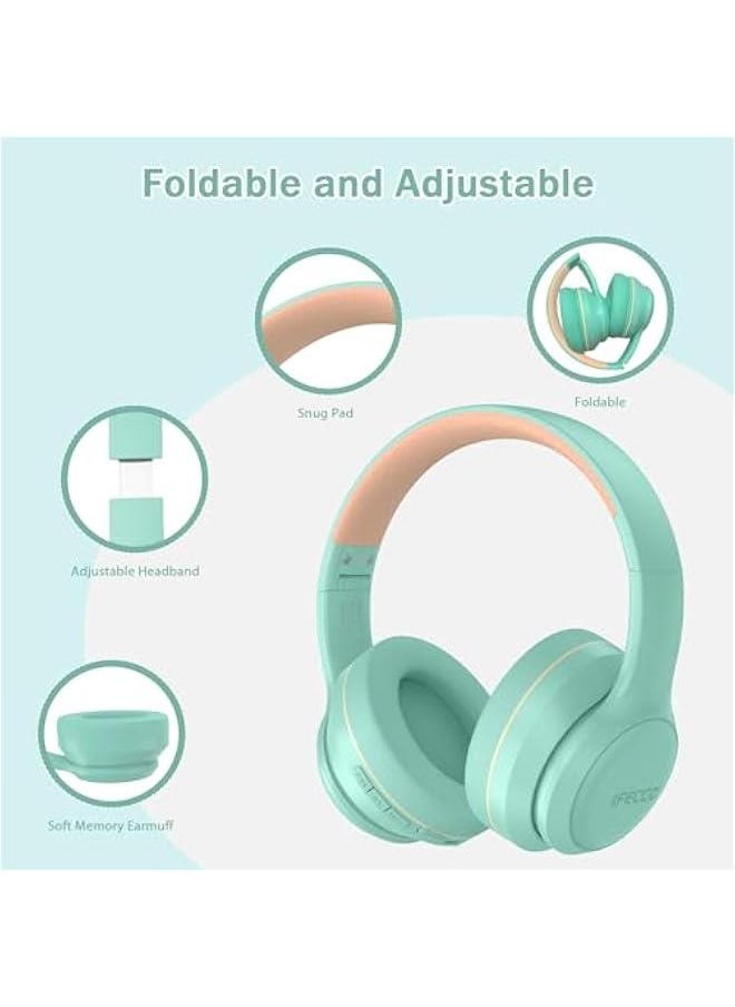 IFECCO Wireless Headphones Over Ear,Bluetooth Noise Canceling Headphones with Microphone,Foldable HiFi Stereo Bluetooth Headset with Soft Protein Earpads for Travel,Home,Office (Green)