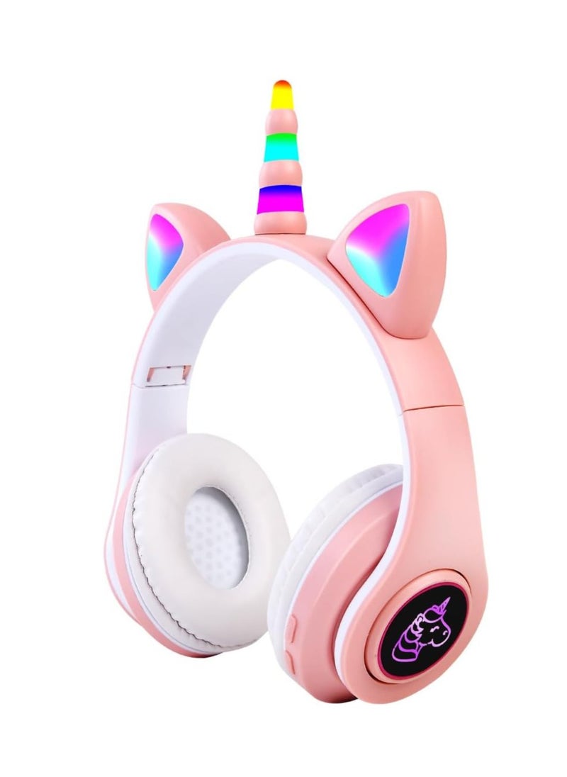 Head-mounted LED Flashing Bluetooth Headphones Unicorn Luminous Cat Ear Stereo Wireless Sports Headphones (Pink)