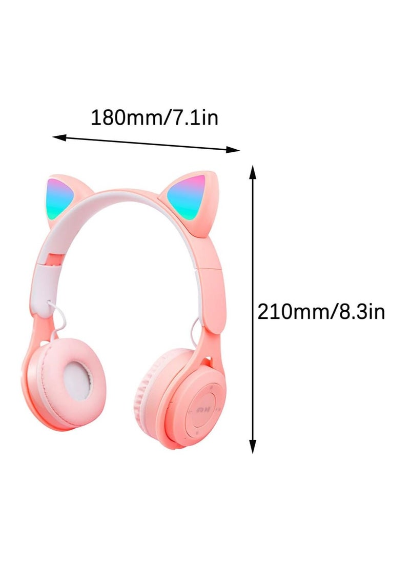 Cute Cat Bluetooth Headphones, Over-ear Headphones, Wireless Headphones Cat Ears LED Light-up Bluetooth Folding Headphones for iPhone/iPad/Smartphone/Laptop/TV (Pink and White)