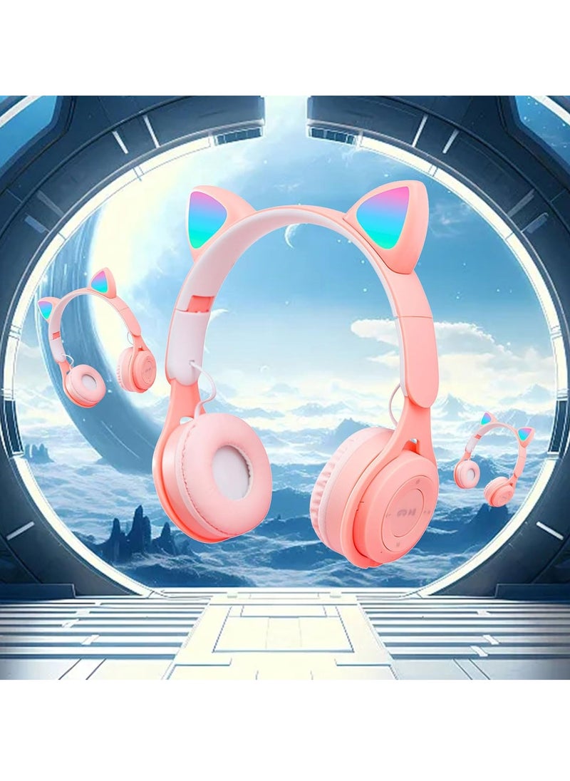 Cute Cat Bluetooth Headphones, Over-ear Headphones, Wireless Headphones Cat Ears LED Light-up Bluetooth Folding Headphones for iPhone/iPad/Smartphone/Laptop/TV (Pink and White)