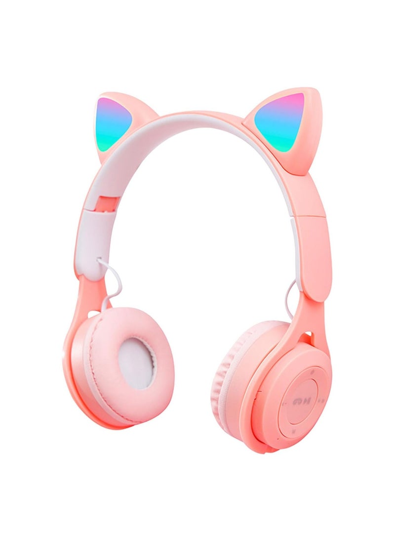 Cute Cat Bluetooth Headphones, Over-ear Headphones, Wireless Headphones Cat Ears LED Light-up Bluetooth Folding Headphones for iPhone/iPad/Smartphone/Laptop/TV (Pink and White)