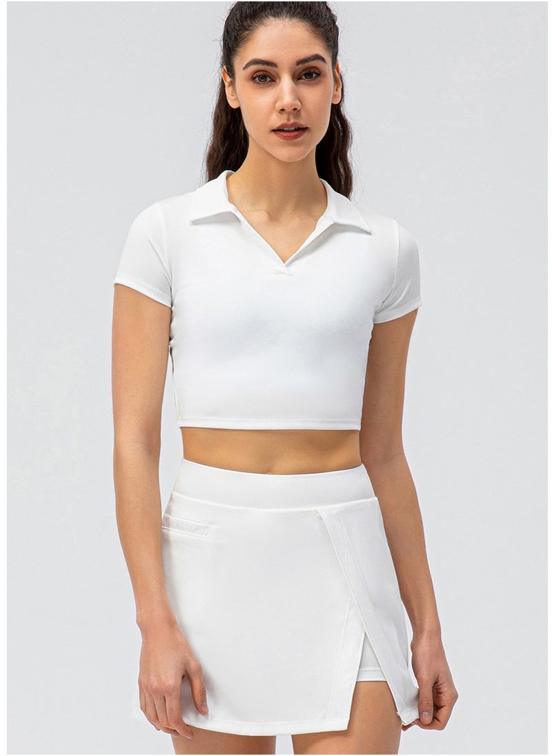 Women's Yoga Leisure Sports Set Fake Two Tennis Skirt Running Culottes Tight Short Sleeve Fitness Two-piece Set White