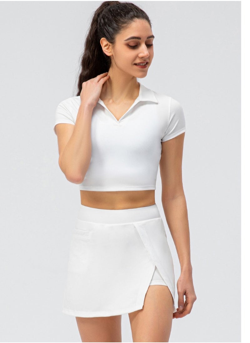Women's Yoga Leisure Sports Set Fake Two Tennis Skirt Running Culottes Tight Short Sleeve Fitness Two-piece Set White