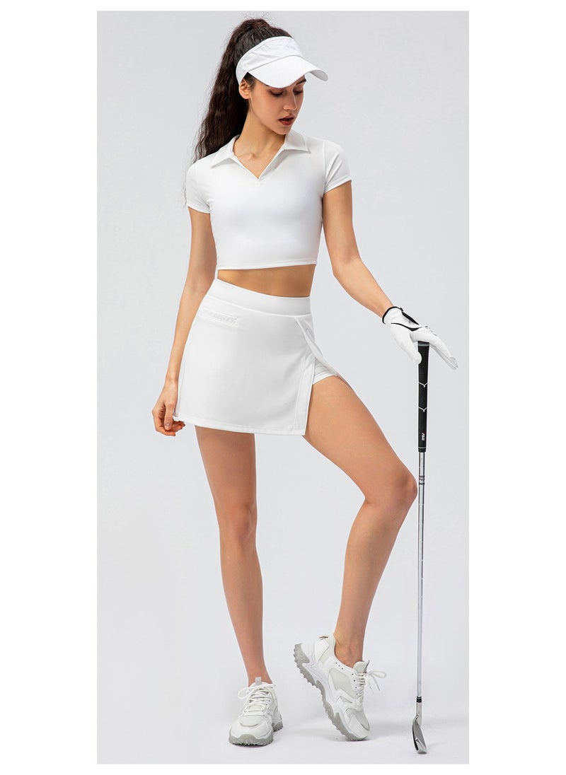 Women's Yoga Leisure Sports Set Fake Two Tennis Skirt Running Culottes Tight Short Sleeve Fitness Two-piece Set White