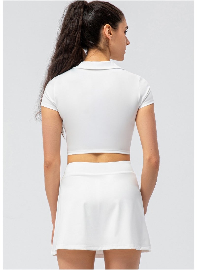 Women's Yoga Leisure Sports Set Fake Two Tennis Skirt Running Culottes Tight Short Sleeve Fitness Two-piece Set White