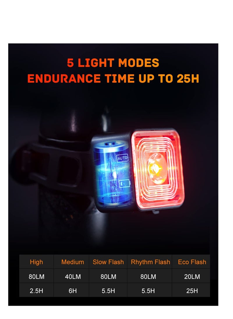 Smart Bike Tail Light, Brake Sensing Rear Lights, USB Rechargeable Bike Light Kit, IP66 Waterproof & Dustproof, 5 Light Modes, One-Piece Aluminum Alloy Bicycle Lights Front