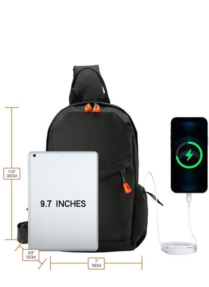 Sling Crossbody Backpack Bag for Men Waterproof Lightweight One Strap with External USB Hole Design Men's Adjustable Shoulder Chest Travel Cycling Sports Outdoor Black