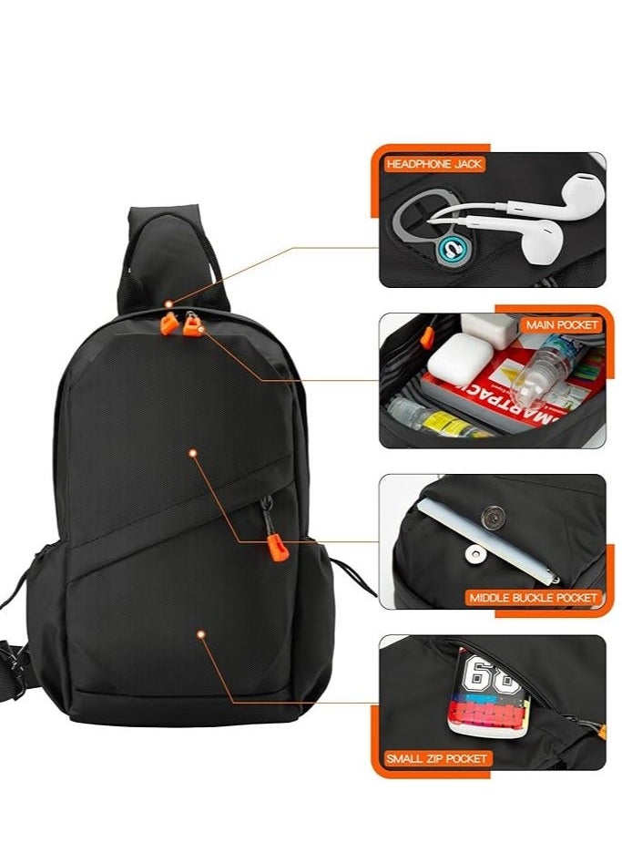 Sling Crossbody Backpack Bag for Men Waterproof Lightweight One Strap with External USB Hole Design Men's Adjustable Shoulder Chest Travel Cycling Sports Outdoor Black