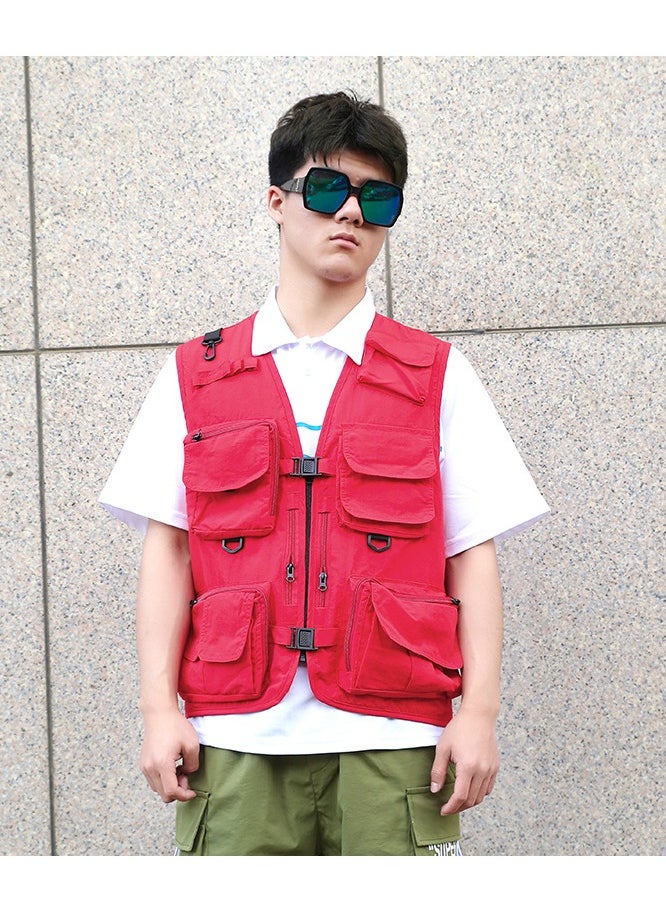 Outdoor Multi Pockets Fishing Photography Vest Summer Mesh Jackets Quick Dry Waistcoat Red
