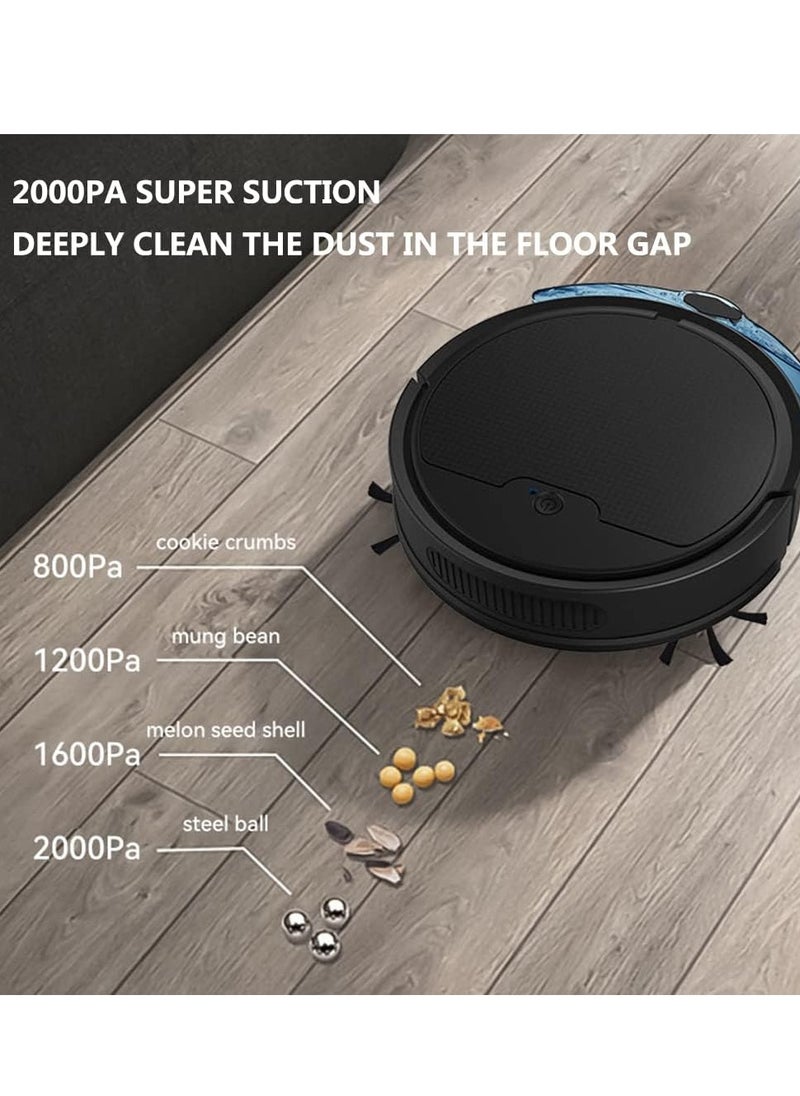 Robot vacuum cleaner with mop, app controlled, 90 minutes of battery life, ultra-thin body design, USB charging, automatic vacuuming, suitable for hard pet hair, 3-in-1 multiple cleaning modes, suitable for home office use, color: black