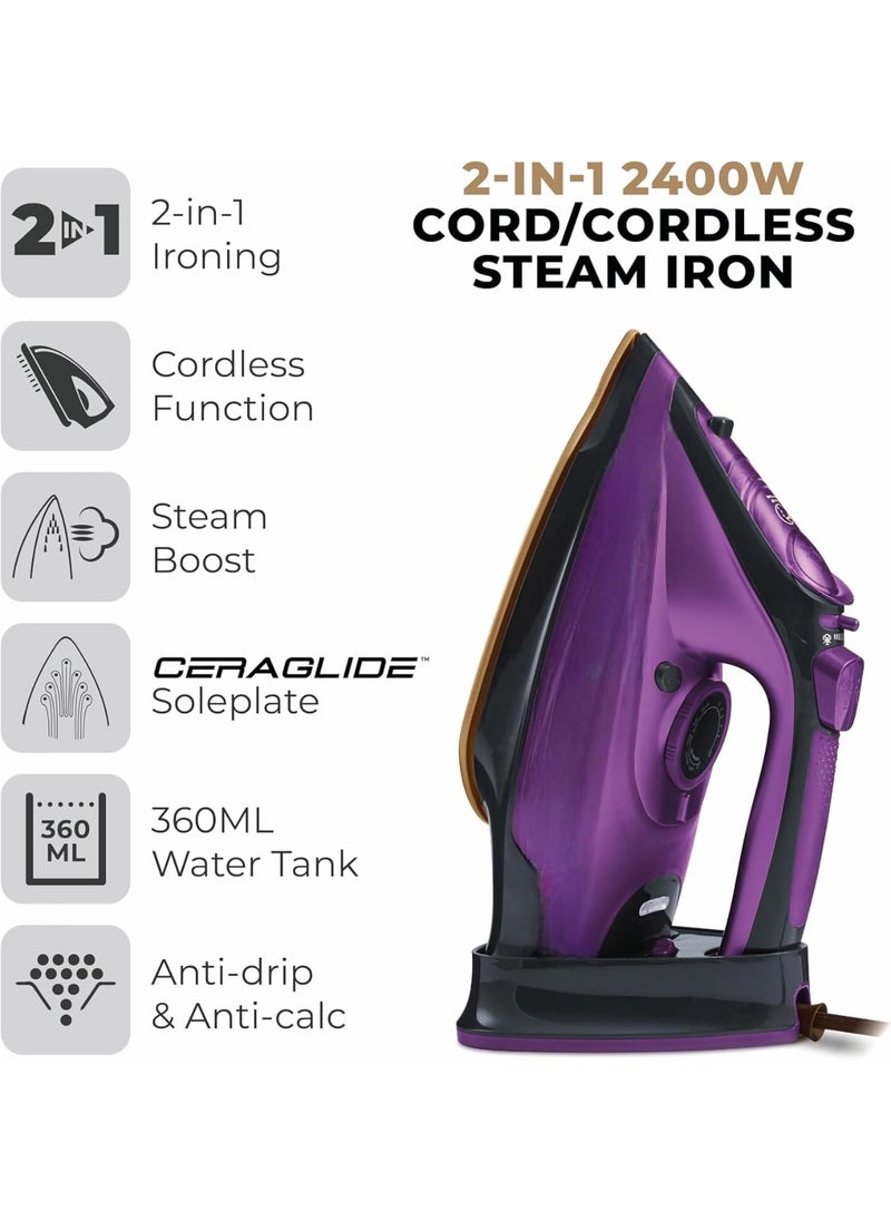MUGATH Cordless Iron2400W Steam IronLightweight Portable SteamDry Iron for ClothesNonStick Soleplate Steam Iron for HouseholdAntidrip IronSteam Control System360mL Water Tank