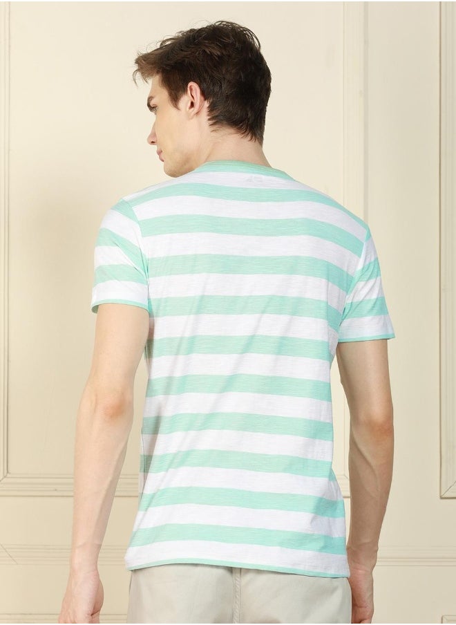 Regular Fit Light Blue Cotton Henley Neck T-Shirt