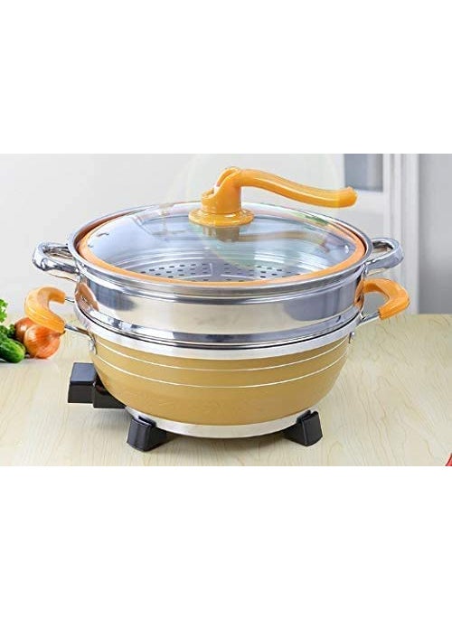 MUGATH 2 In 1 Electric Cooker Electric Frying Pan Electric Steamer Non Stick Electric Hotpot For Kitchen Restaurants Electric Frying Pan with Glass Lid Wok Skillet Pan momo steamer Yellow