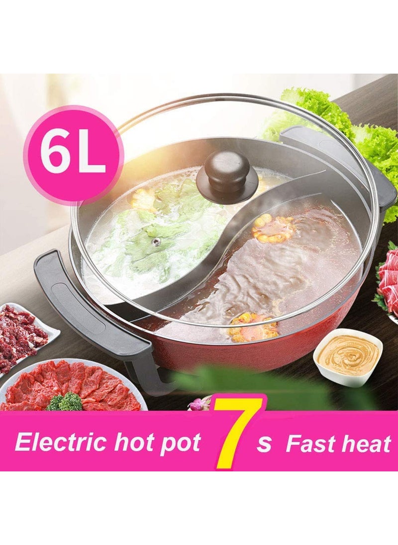 Mugath Electric Hot Pot 6L NonStick Shabushabu Hot Pot with DividerBPA FREE Fondue Chinese Hot PotBarbeque Hotpot with Tempered Glass Lid 5 Temperature Setting1300 W