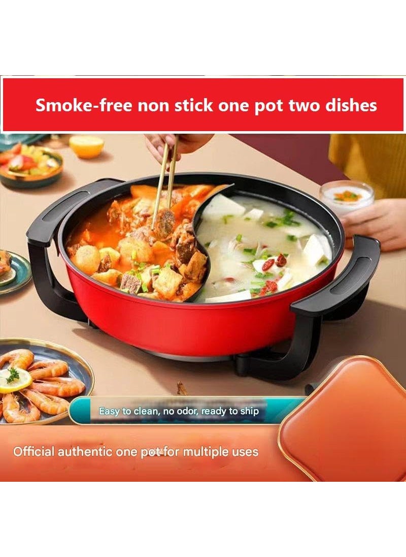 Mugath Electric Hot Pot with Divider Dual Sided Barbeque 6L Red Modern Cast Iron Plastic 220V 1300W 5Speed Control 3D Circulation Heating Tempered Glass Lid Family Dinning