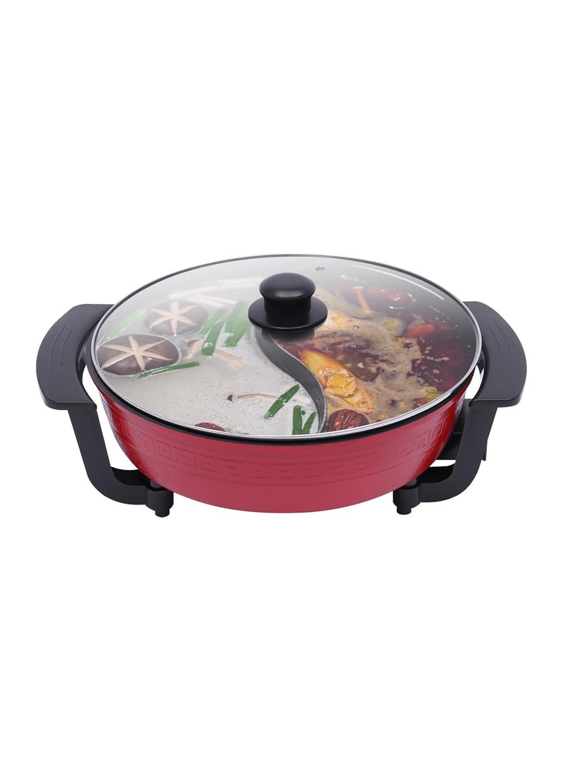 Mugath Electric Hot Pot with Divider Dual Sided Barbeque 6L Red Modern Cast Iron Plastic 220V 1300W 5Speed Control 3D Circulation Heating Tempered Glass Lid Family Dinning