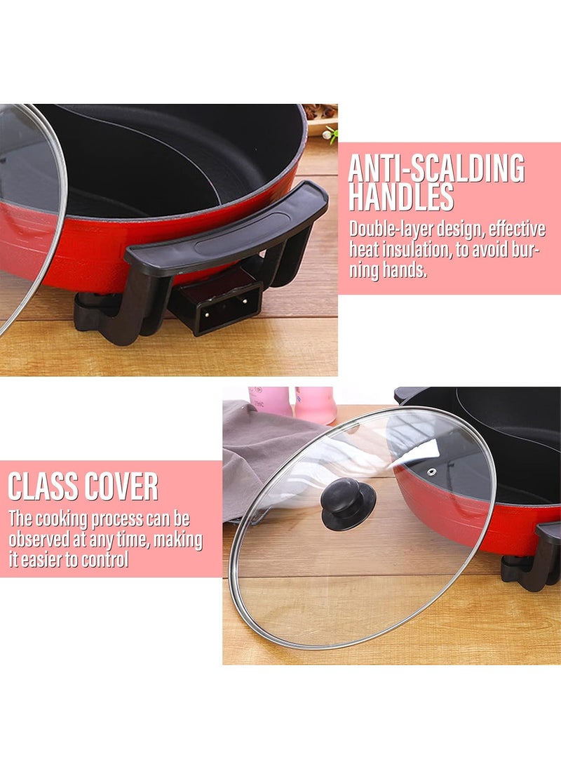 Mugath Electric Hot Pot with Divider Dual Sided Barbeque 6L Red Modern Cast Iron Plastic 220V 1300W 5Speed Control 3D Circulation Heating Tempered Glass Lid Family Dinning