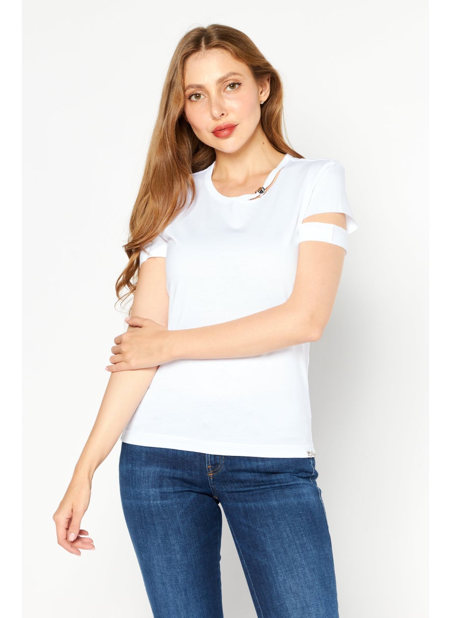 Women Round Neck Short Sleeve Plain T-Shirt, White