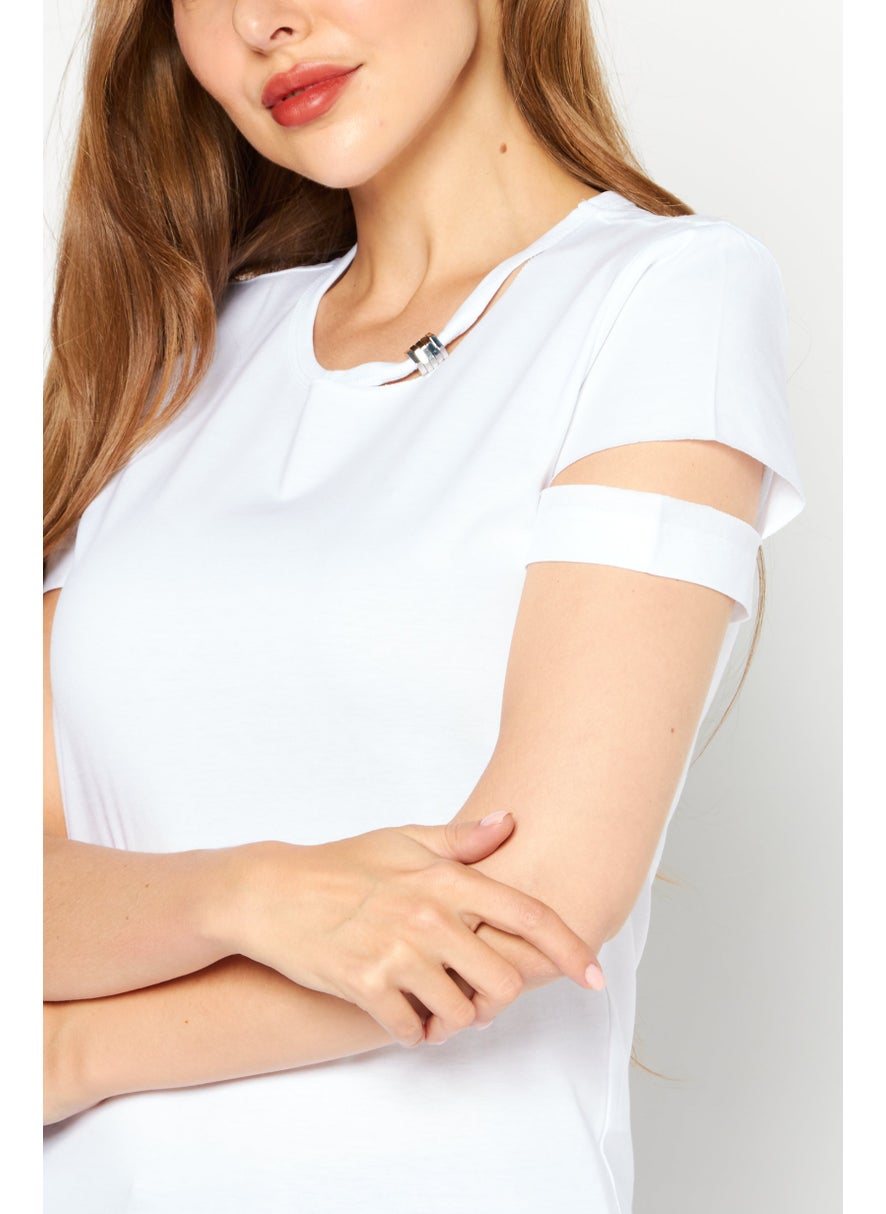 Women Round Neck Short Sleeve Plain T-Shirt, White