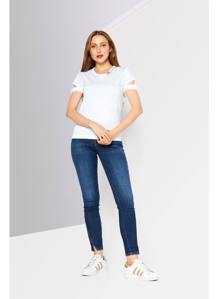 Women Round Neck Short Sleeve Plain T-Shirt, White
