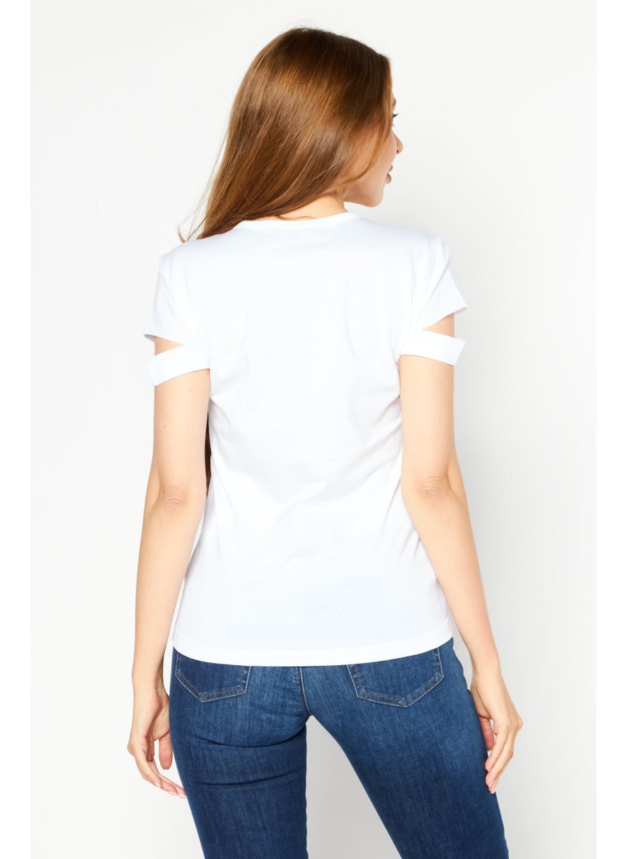 Women Round Neck Short Sleeve Plain T-Shirt, White