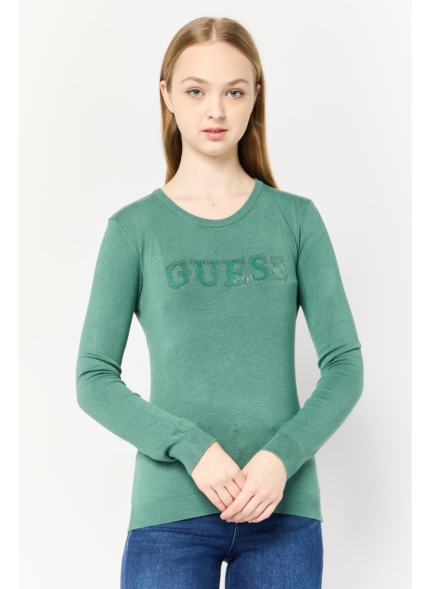 Women Crew Neck Long Sleeve Brand Logo T-Shirt, Green