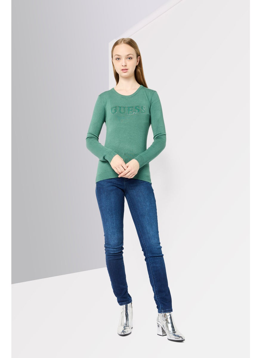 Women Crew Neck Long Sleeve Brand Logo T-Shirt, Green