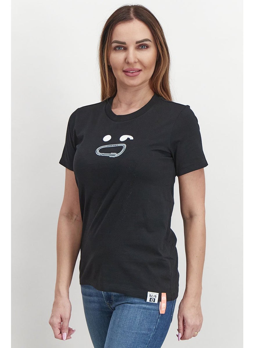 Women Crew Neck Short Sleeve Graphic Print T-shirt, Black and White