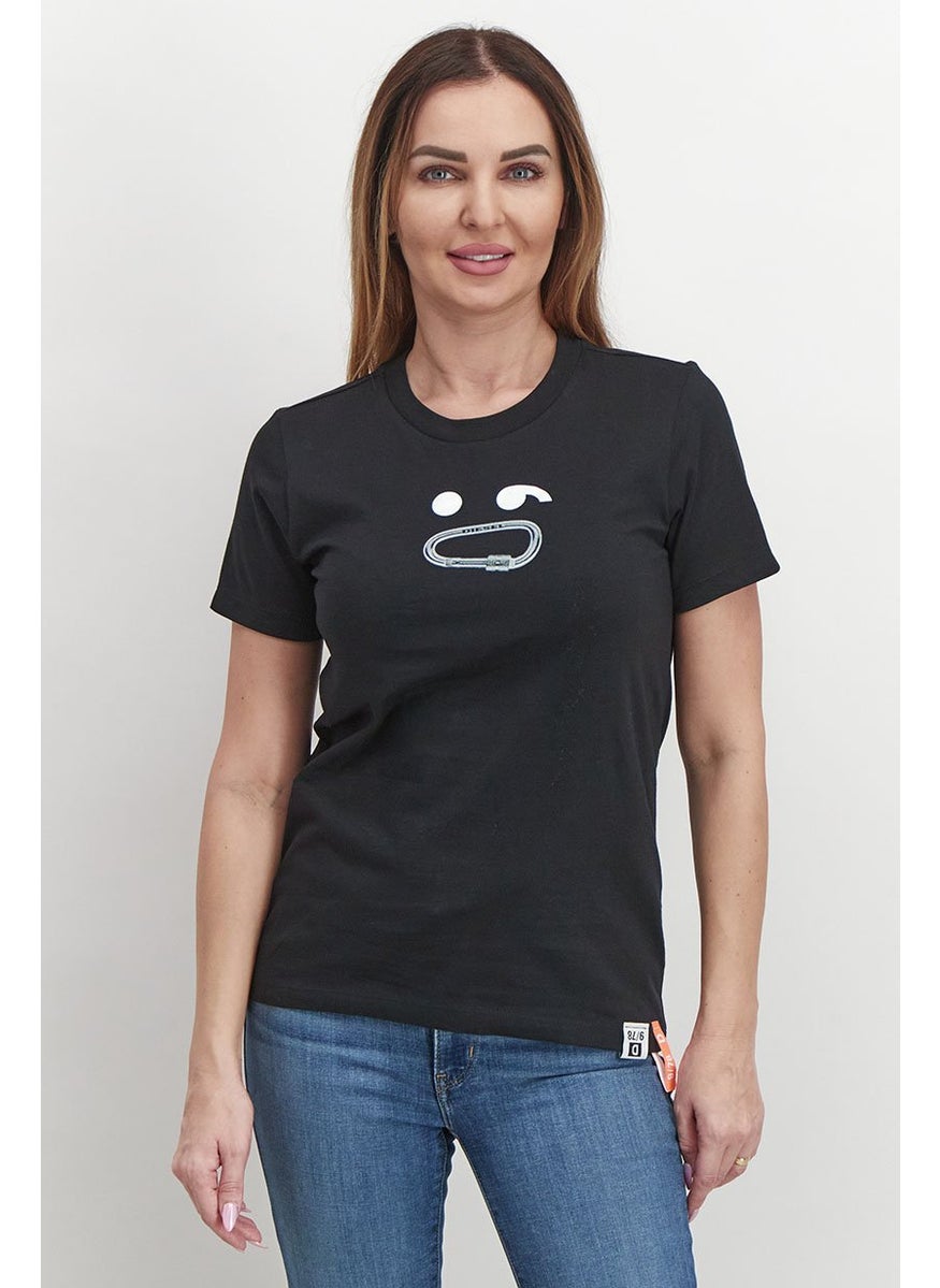 Women Crew Neck Short Sleeve Graphic Print T-shirt, Black and White