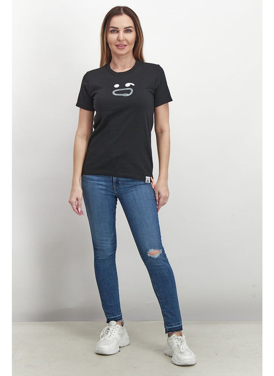 Women Crew Neck Short Sleeve Graphic Print T-shirt, Black and White