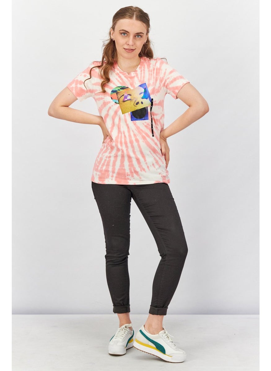 Women Crew Neck Short Sleeve Tie Dye T-shirt, Coral and White