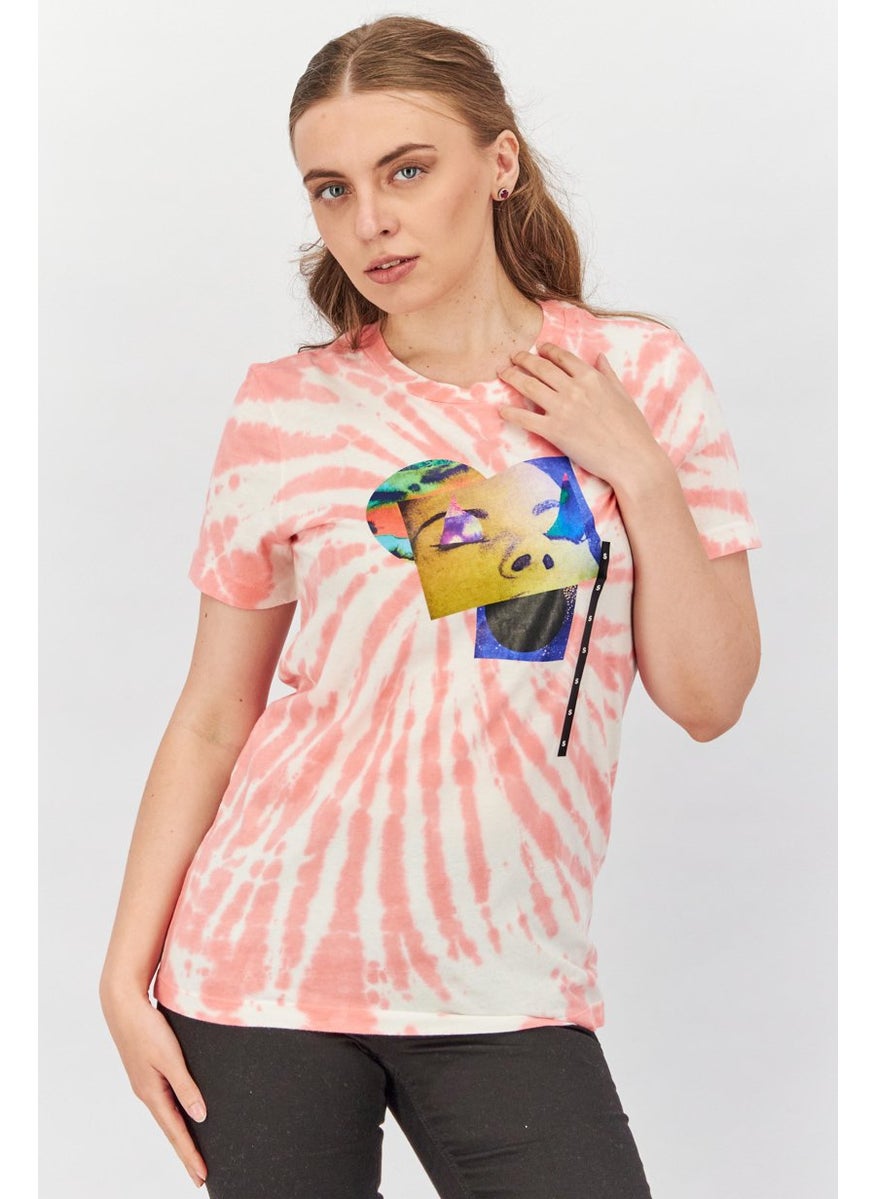 Women Crew Neck Short Sleeve Tie Dye T-shirt, Coral and White