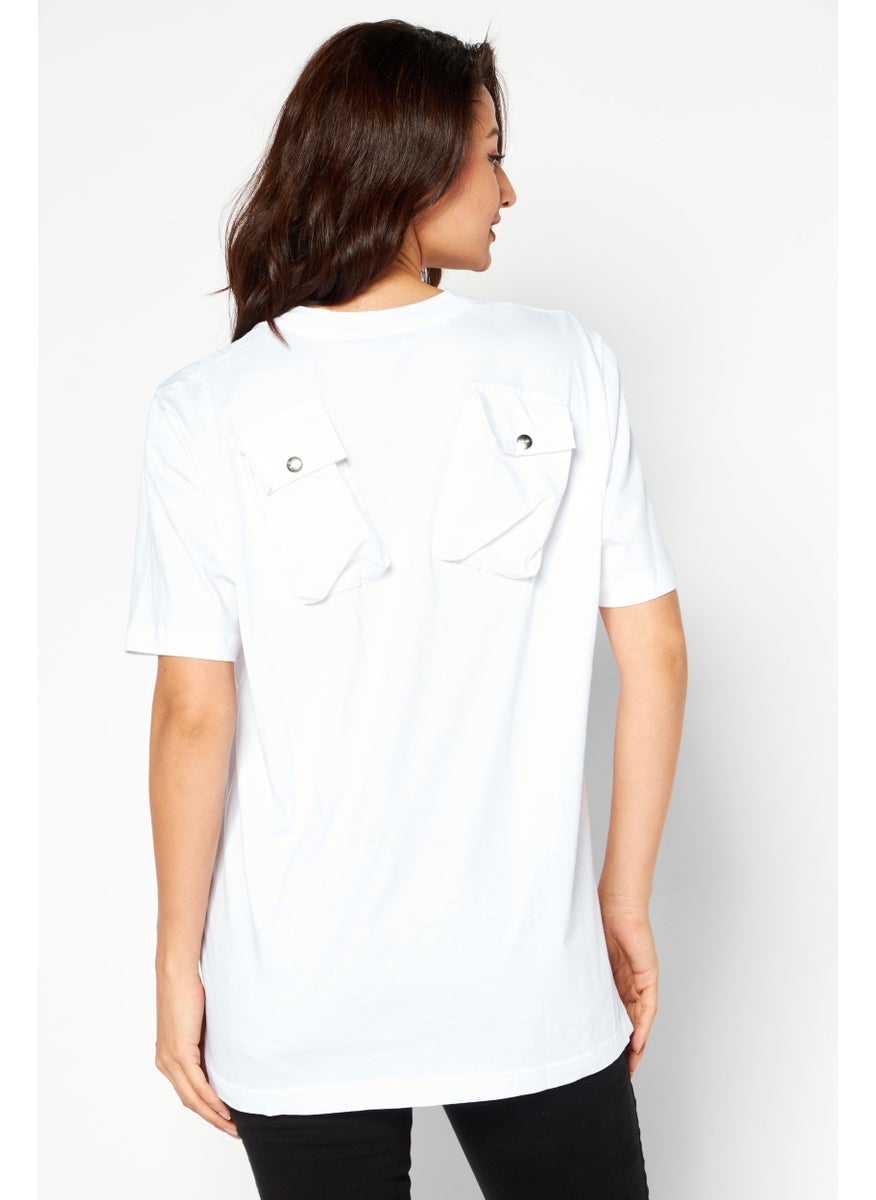 Women Crew Neck Short Sleeves Plain T-Shirt, White