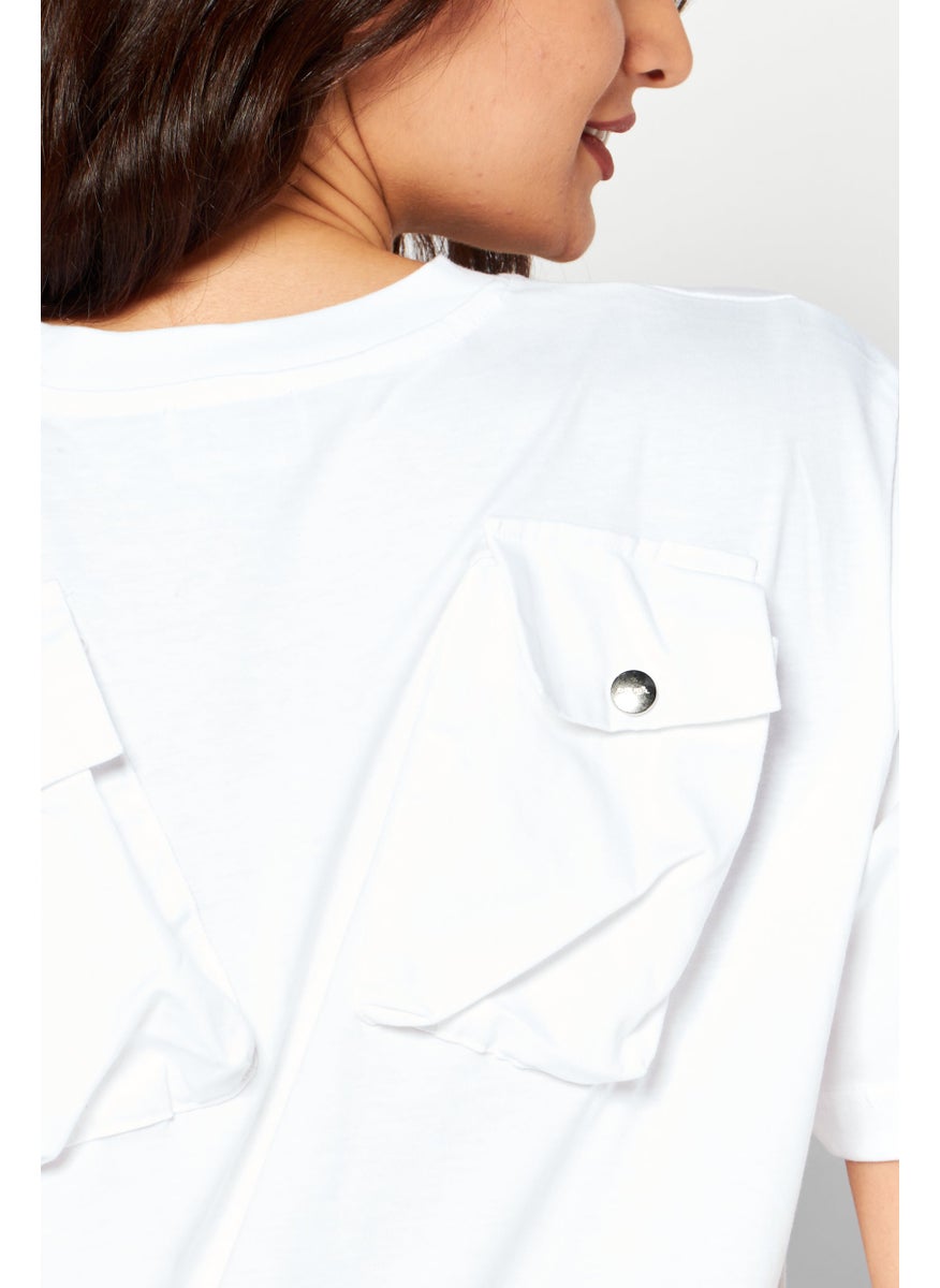 Women Crew Neck Short Sleeves Plain T-Shirt, White