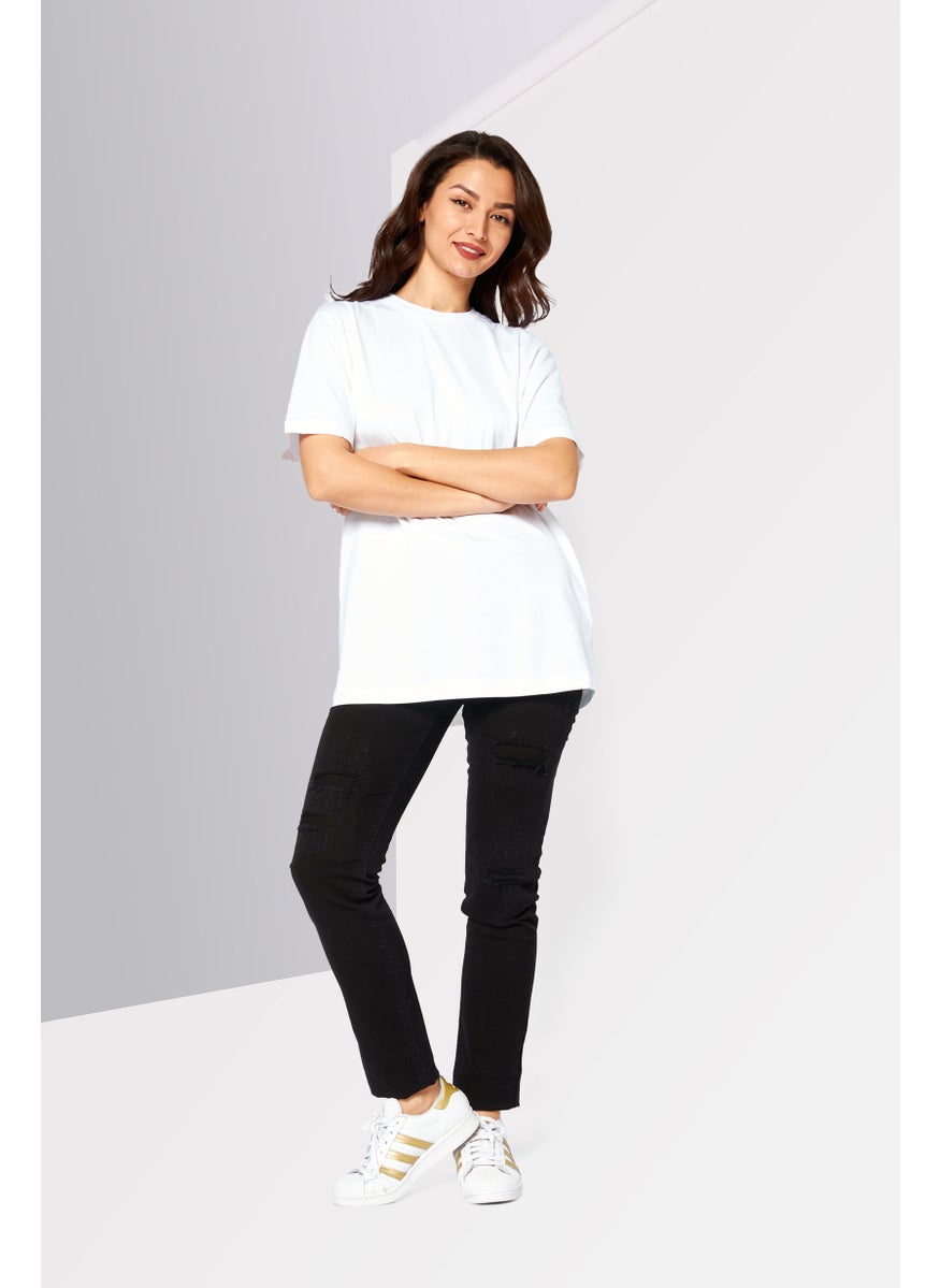 Women Crew Neck Short Sleeves Plain T-Shirt, White