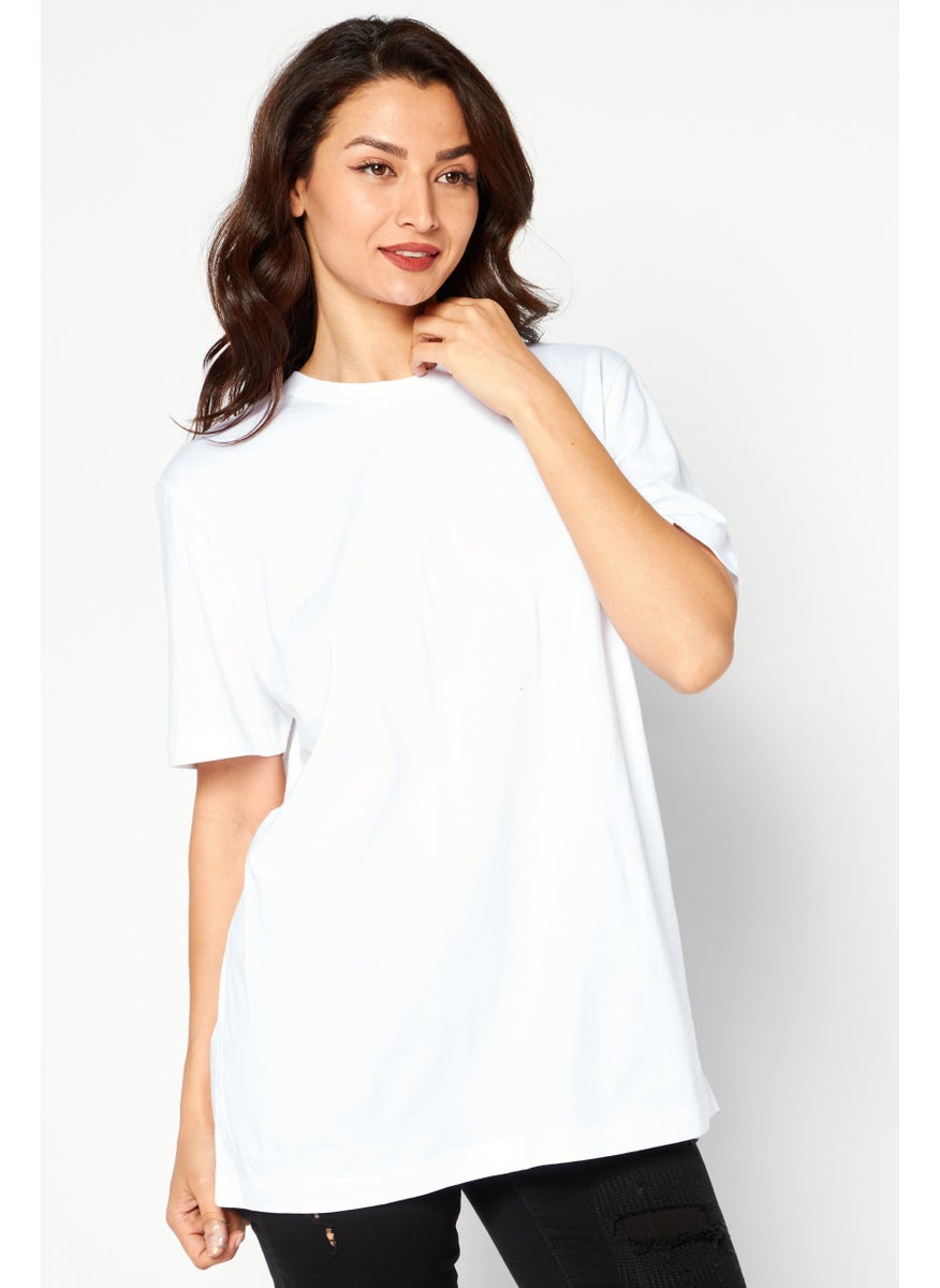 Women Crew Neck Short Sleeves Plain T-Shirt, White