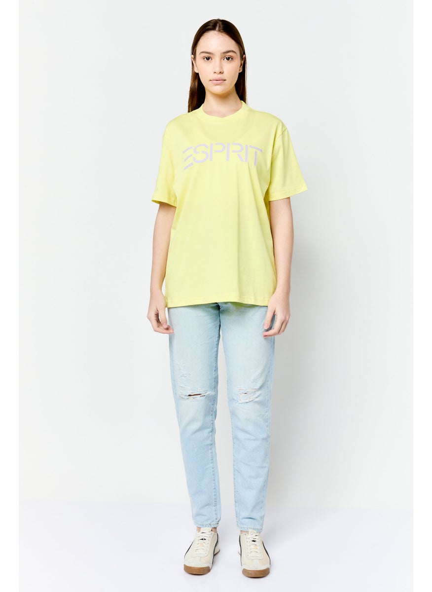 Women Crew Neck Brand Logo Short Sleeves T-shirt, Yellow